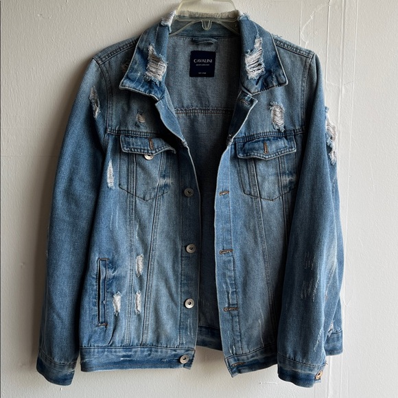 Cavalini Women's Blue Denim Jean Jacket Distressed Ripped Trucker Size S - Picture 1 of 8